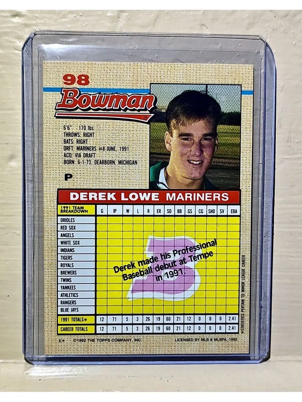 Derek Lowe 1992 Topps Bowman MLB #98 Baseball Card Seattle Mariners